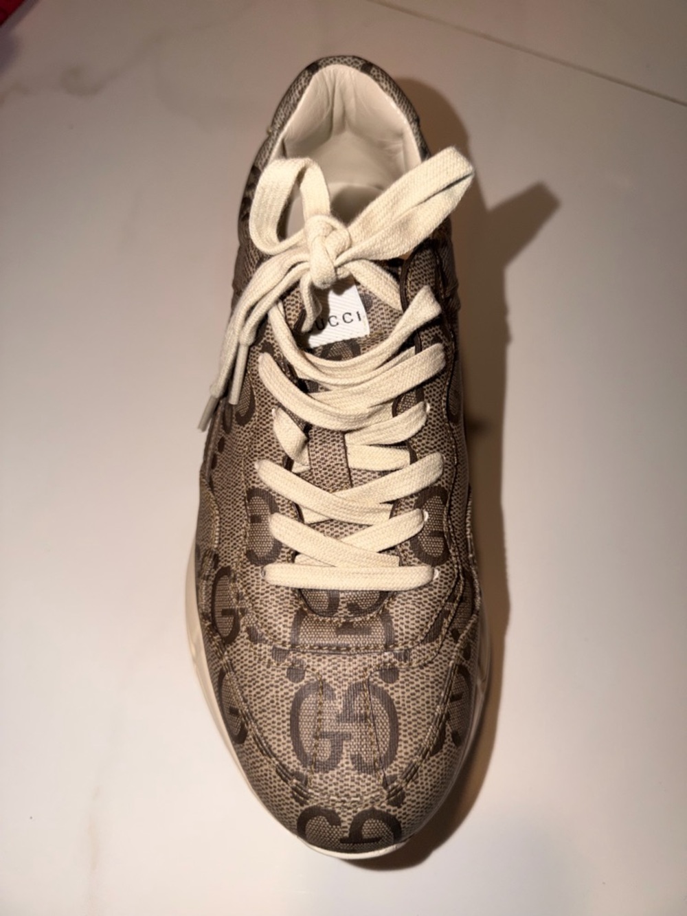 Gucci Tan GG Monogram Canvas Sneaker with Cream Laces AUTHENTIC